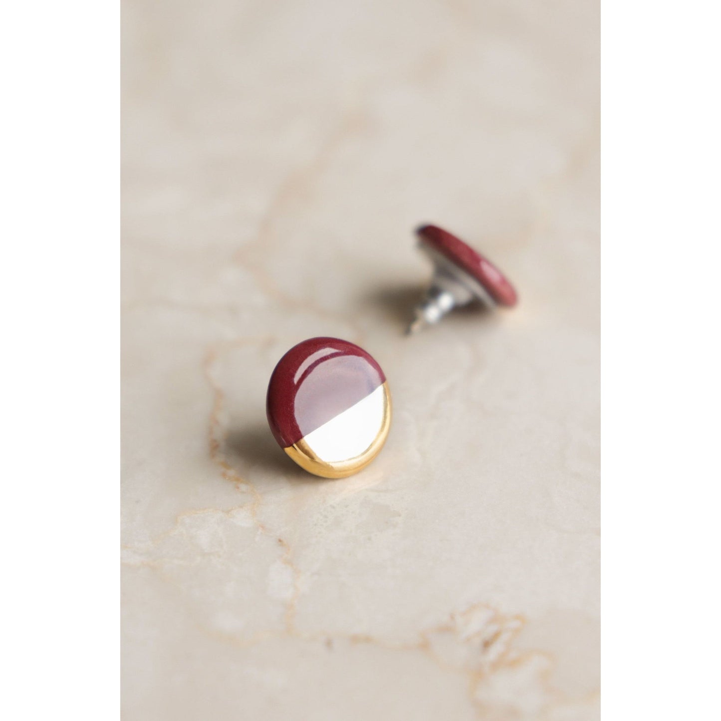 Porcelain Round Stud Earrings - Burgundy and Gold
