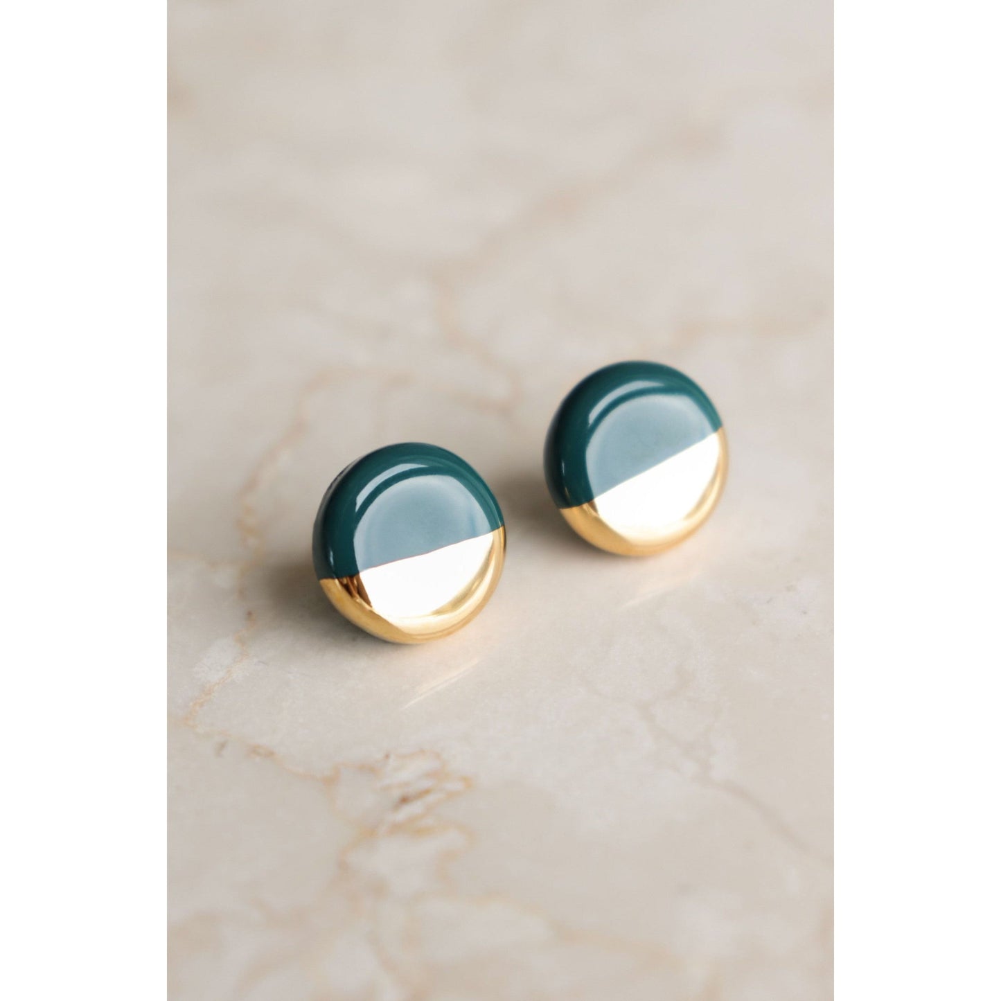 Porcelain Round Stud Earrings - Green and Gold
