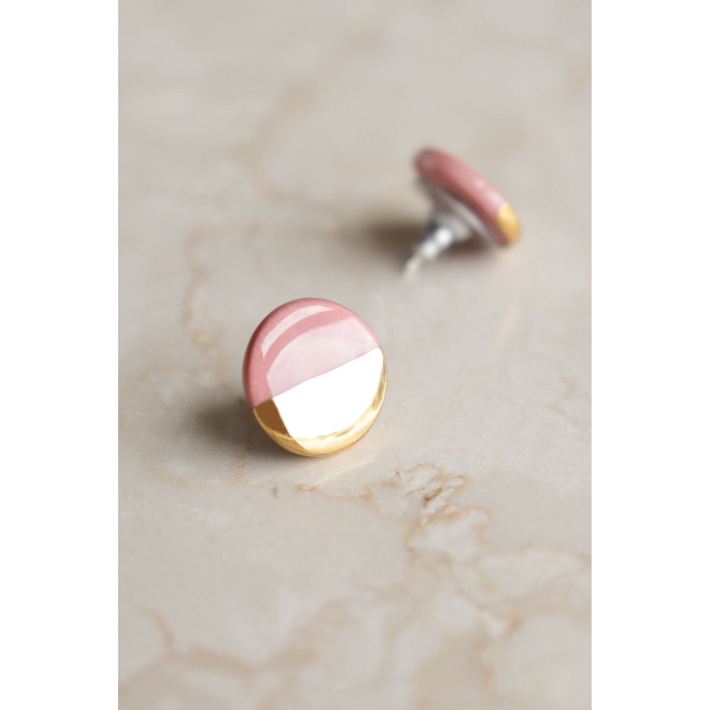 Porcelain Round Stud Earrings - Pink and Gold