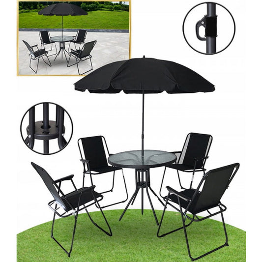 Puutarhakalustesarja (4 tuolia, pöytä ja aurinkovarjo)