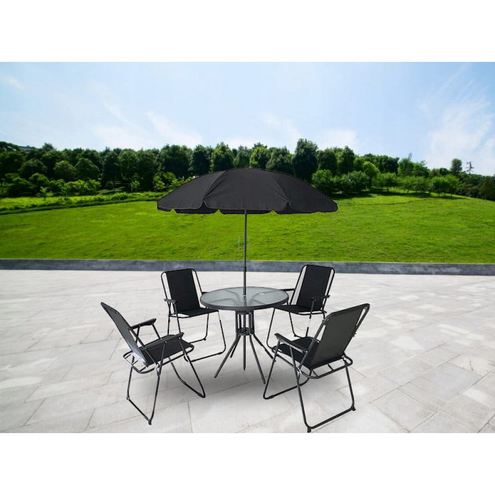 Puutarhakalustesarja (4 tuolia, pöytä ja aurinkovarjo)