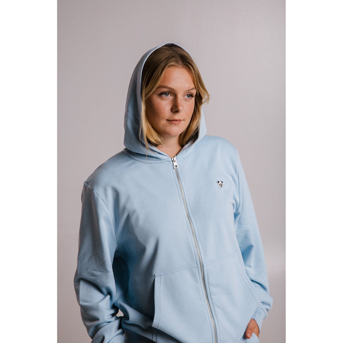 Panda Soft Fleece Full Zip Hoodie - Light Blue