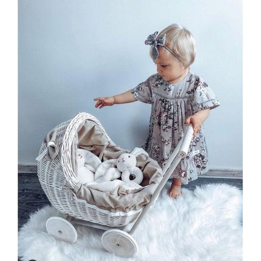 Whitewashed Wicker Doll Pram – Beige Bedding