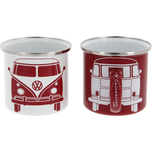 VW Collection T1 -bussi Emalimukit, 2 kpl, 350 ml - Valkoinen/Punainen
