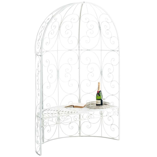 Rosien puolikas paviljonki, jossa penkki