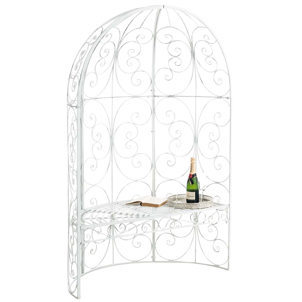 Rosien puolikas paviljonki, jossa penkki