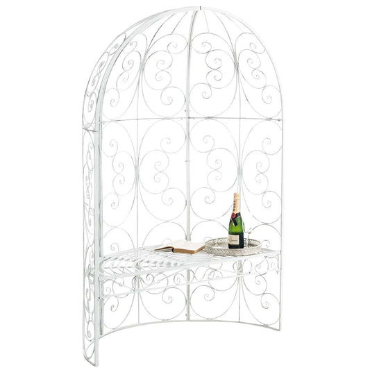 Rosien puolikas paviljonki, jossa penkki