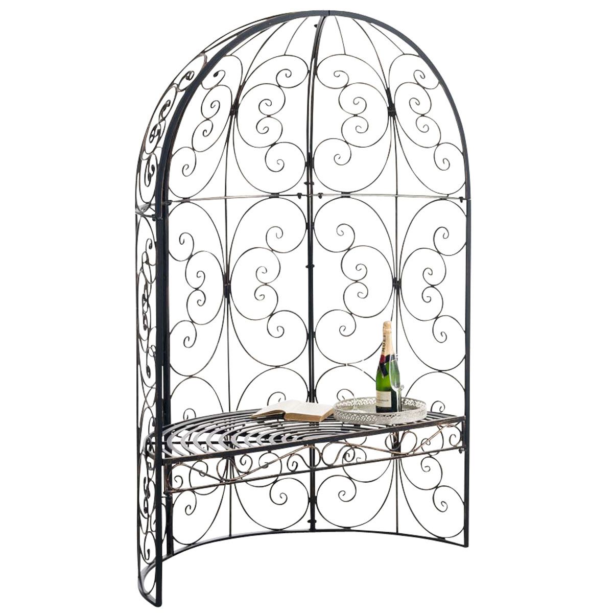 Rosien puolikas paviljonki, jossa penkki