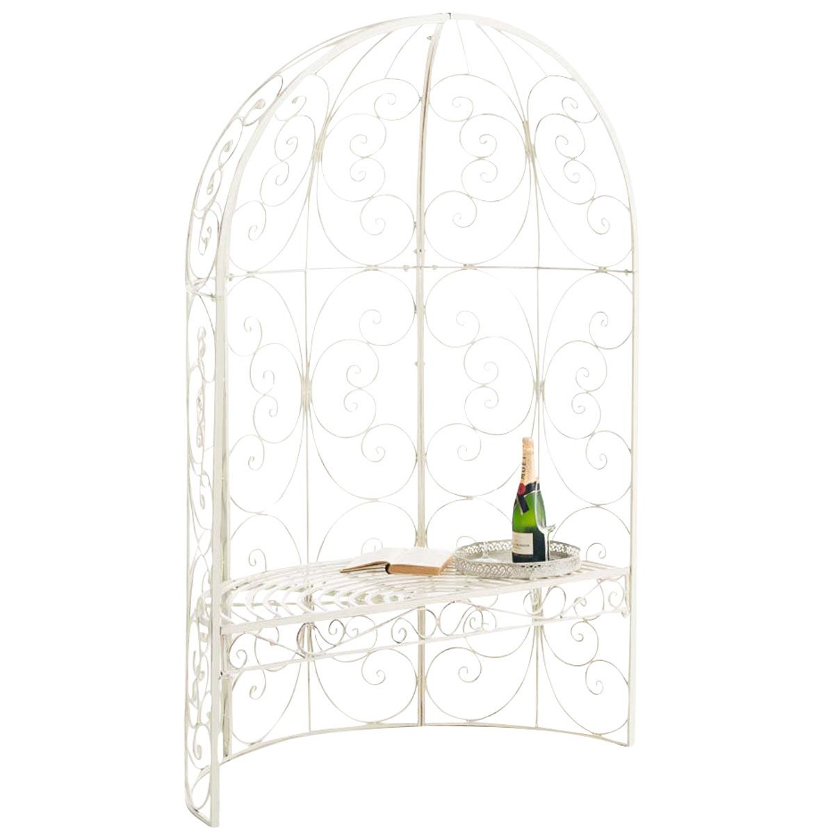 Rosien puolikas paviljonki, jossa penkki