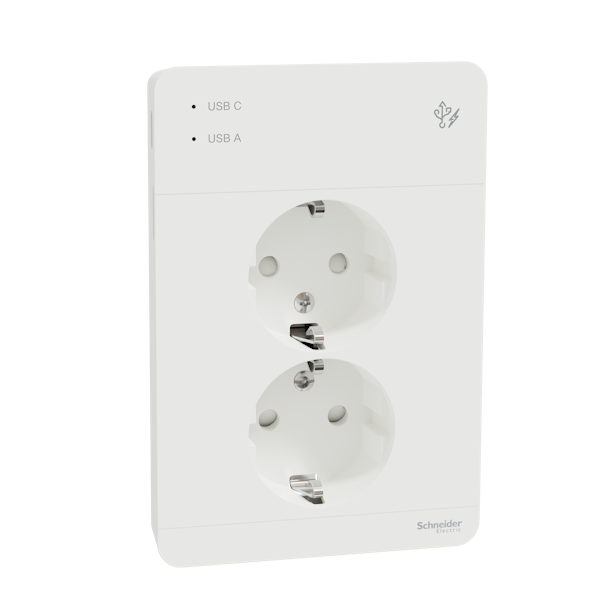 Pistorasia Schneider Electric Exxact 2-osainen peitelevyllä + 2x USB lataus A+C 3A valkoinen