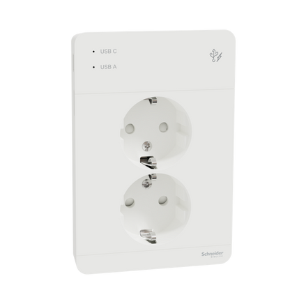 Pistorasia Schneider Electric Exxact 2-osainen peitelevyllä + 2x USB lataus A+C 3A valkoinen