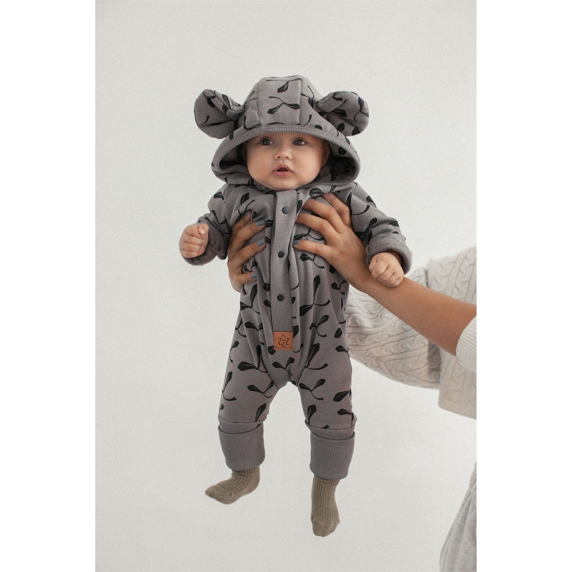 Eared Jumpsuit for Babies and Kids - Steel with Maple Seeds