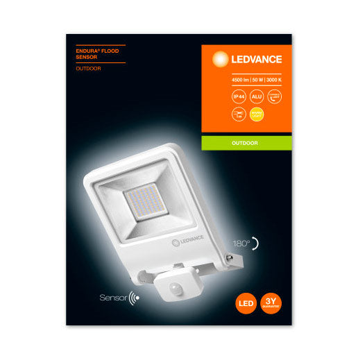 50W LED-valonheitin IP44 LEDVANCE FLOOD SENSOR 3000K, liiketunnistimella