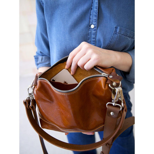 ROBIN Leather Handbag with Two Handles - Ginger Brown