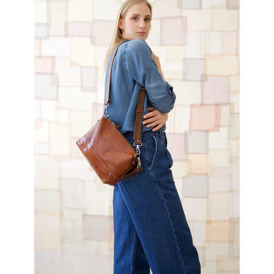ROBIN Leather Handbag with Two Handles - Ginger Brown