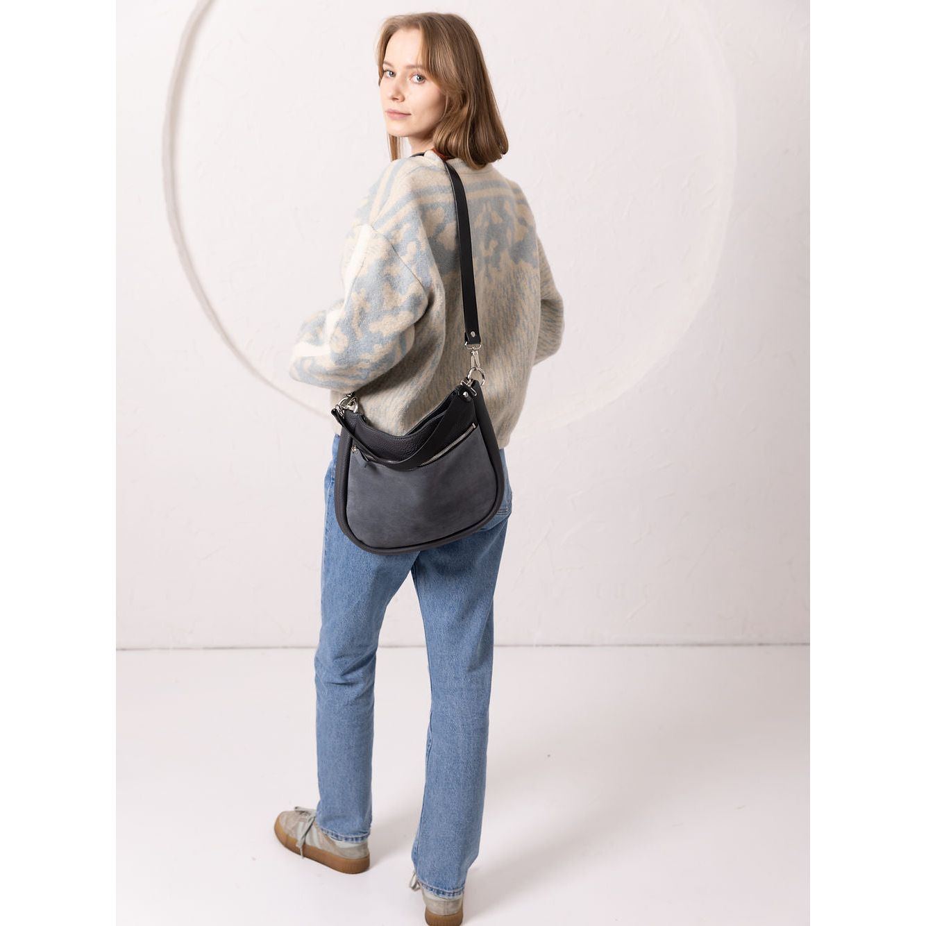 STELLA Leather Handbag - Grey & Suede