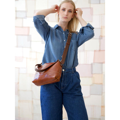 ROBIN Leather Handbag with Two Handles - Ginger Brown