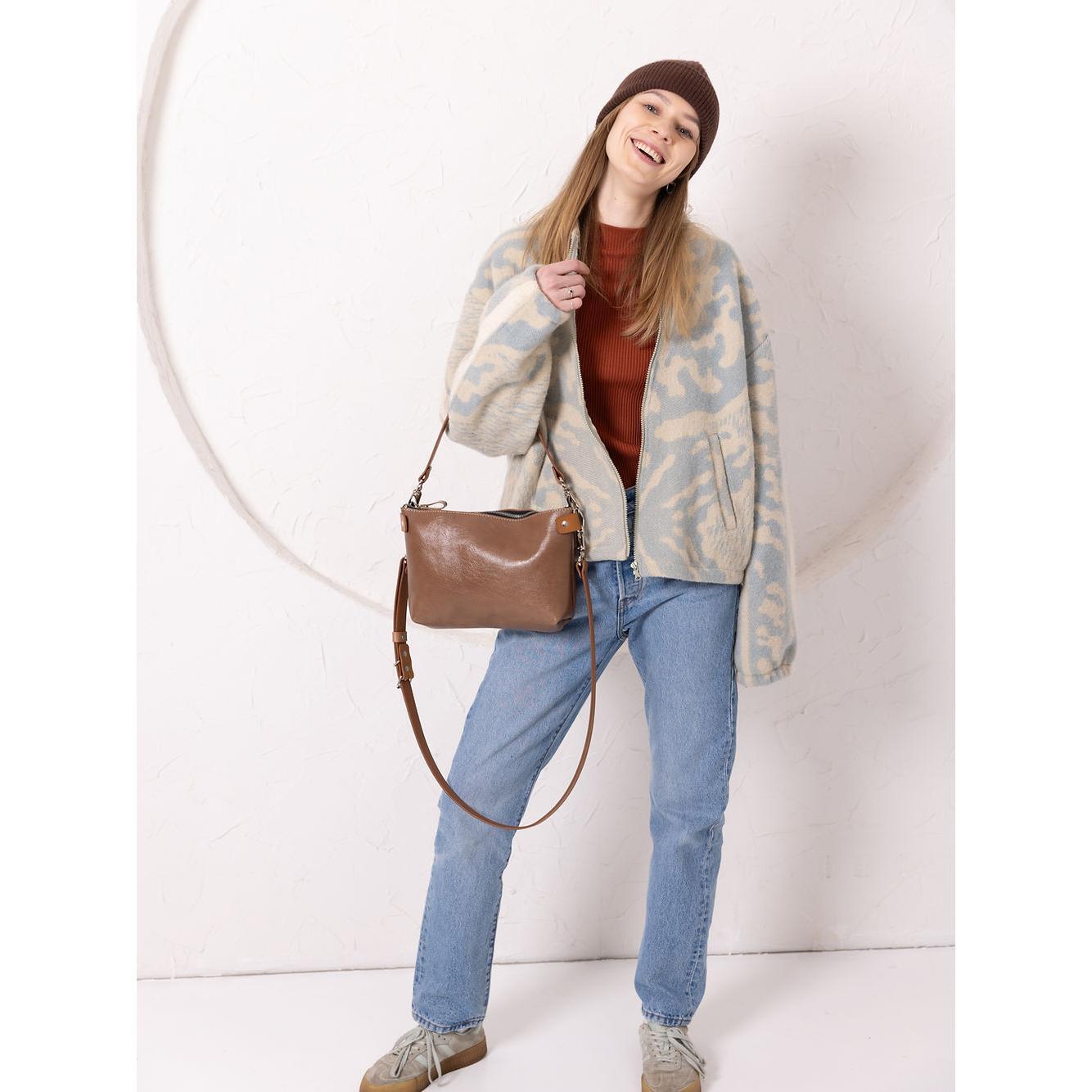 TOMMY Leather Bag with Two Handles - Cappuccino