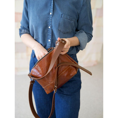 ROBIN Leather Handbag with Two Handles - Ginger Brown