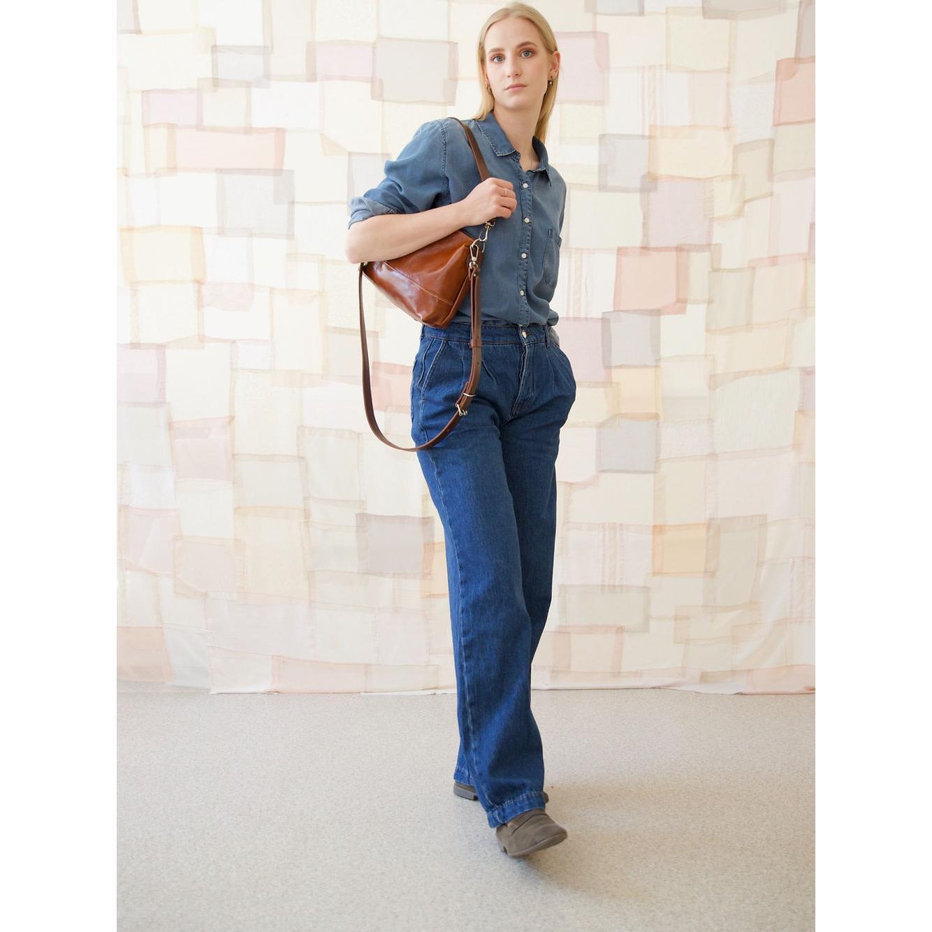 ROBIN Leather Handbag with Two Handles - Ginger Brown