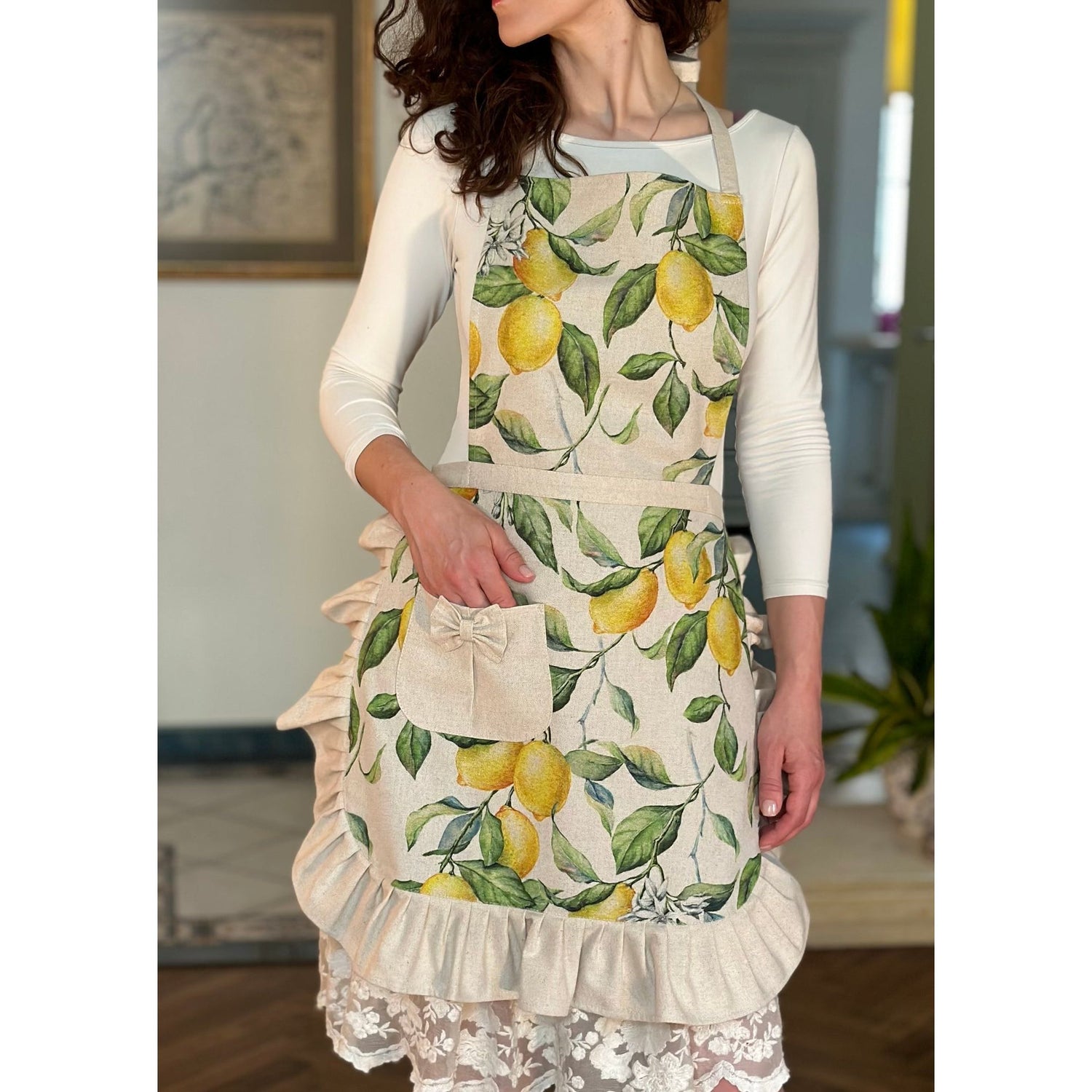 Apron With Frills and Pocket - Lemon Linen - Kotikauppa