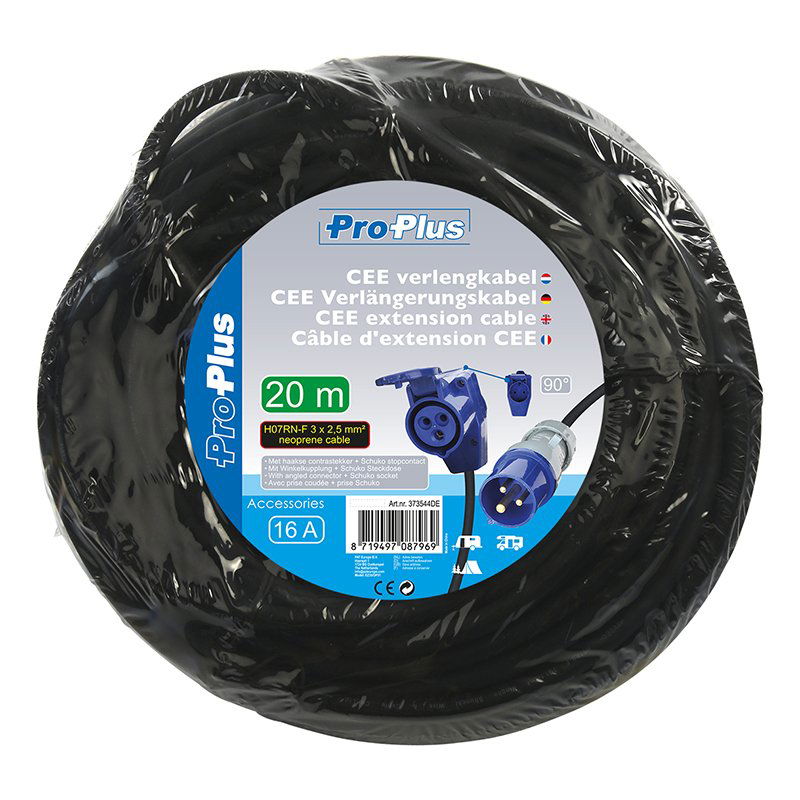 CEE-jatkojohto 20m CEE-kulmayhdistimellä + Schuko-pistokkeella 3x2,5mm² - Kotikauppa