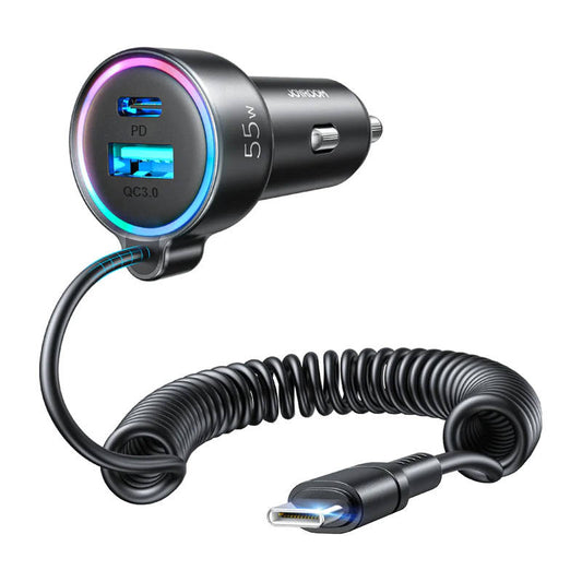Car charger Joyroom JR-CL07, 3-in-1, 1x USB + 1x PD, 55W + Type-C Kaapeli (black) - Kotikauppa