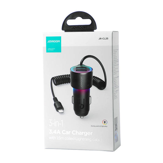 Car charger Joyroom JR-CL25, 2x USB + Lightning Kaapeli (black) - Kotikauppa
