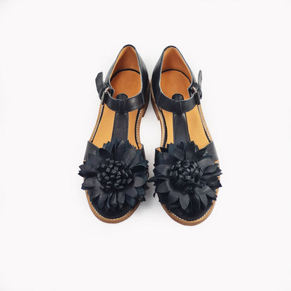 Handmade Leather Fisherman Sandals - Black Flower - Kotikauppa