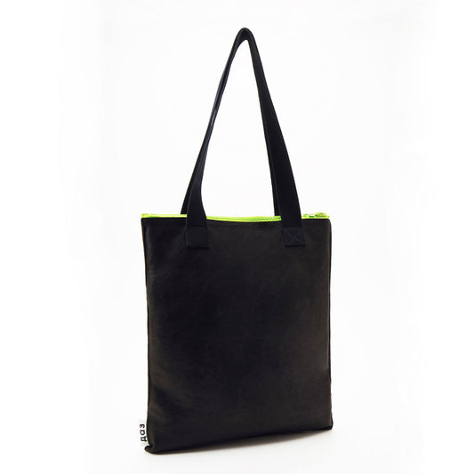 Handmade Leather Tote - Black With Neon Zipper - Kotikauppa