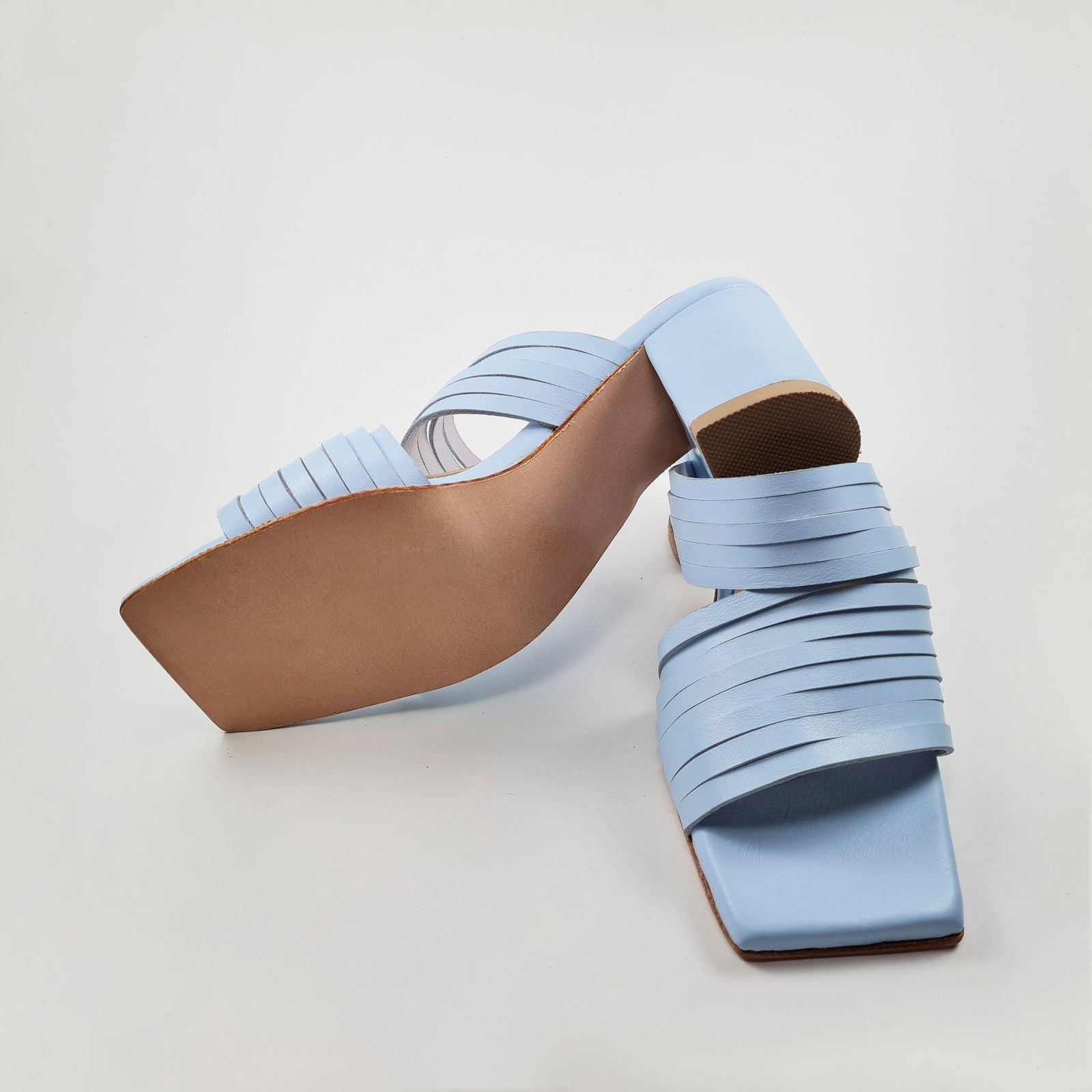 Handmade Strappy Leather Sandals - Light Blue - Kotikauppa