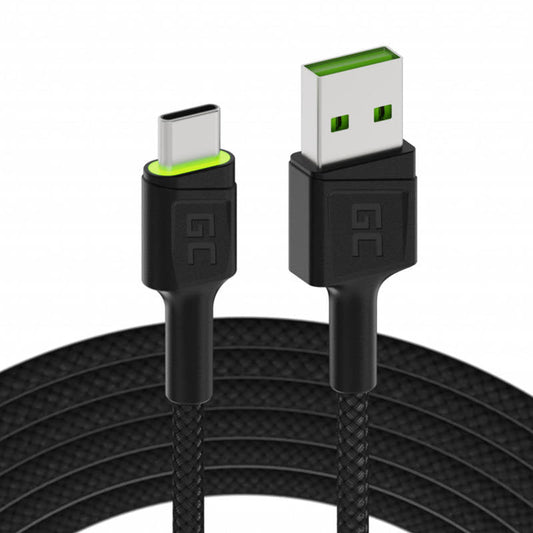 Kaapeli USB - USB-C Green Cell GC Ray, 120cm, green LED, with Ultra Charge, QC 3.0 - Kotikauppa