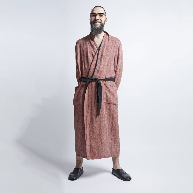 Linen Men's Bathrobe - Red Fishbone - Kotikauppa