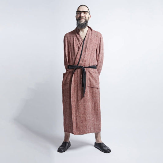Linen Men's Bathrobe - Red Fishbone - Kotikauppa