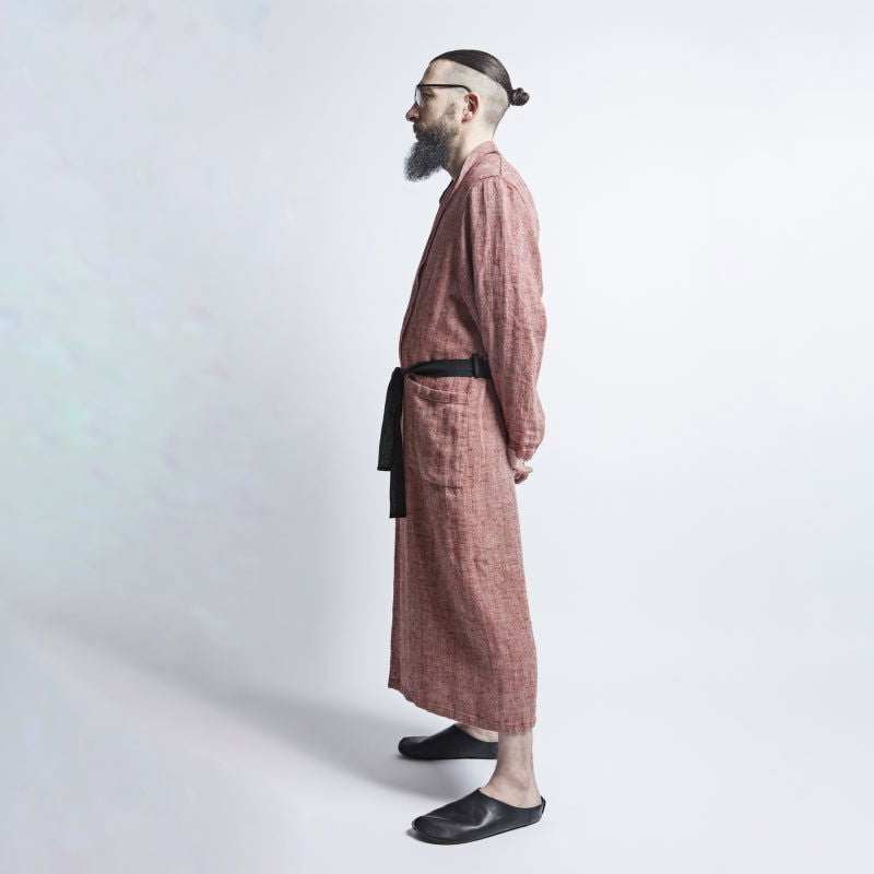 Linen Men's Bathrobe - Red Fishbone - Kotikauppa