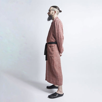 Linen Men's Bathrobe - Red Fishbone - Kotikauppa
