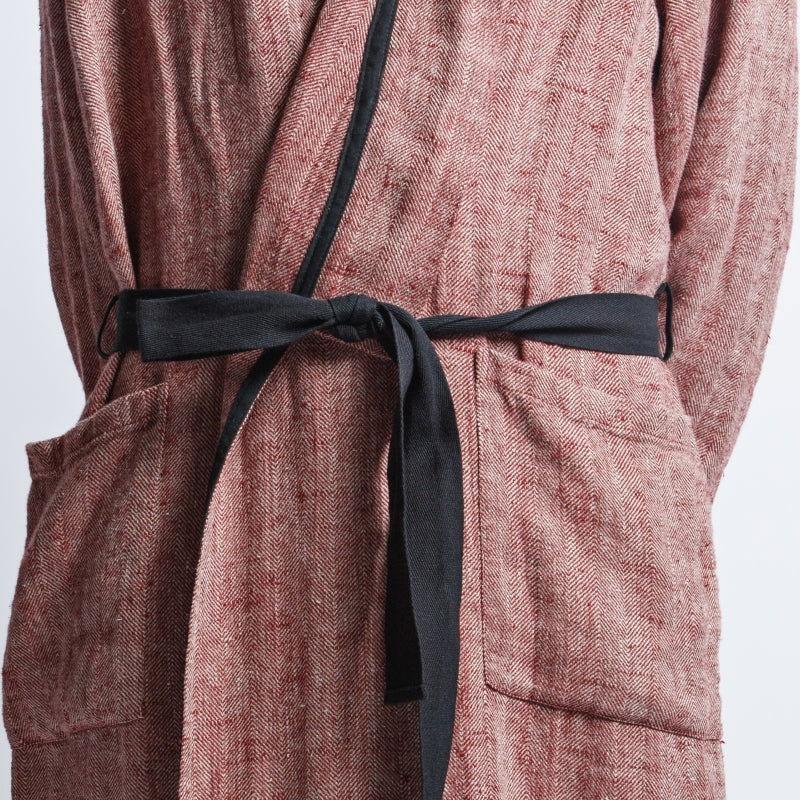 Linen Men's Bathrobe - Red Fishbone - Kotikauppa
