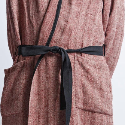 Linen Men's Bathrobe - Red Fishbone - Kotikauppa