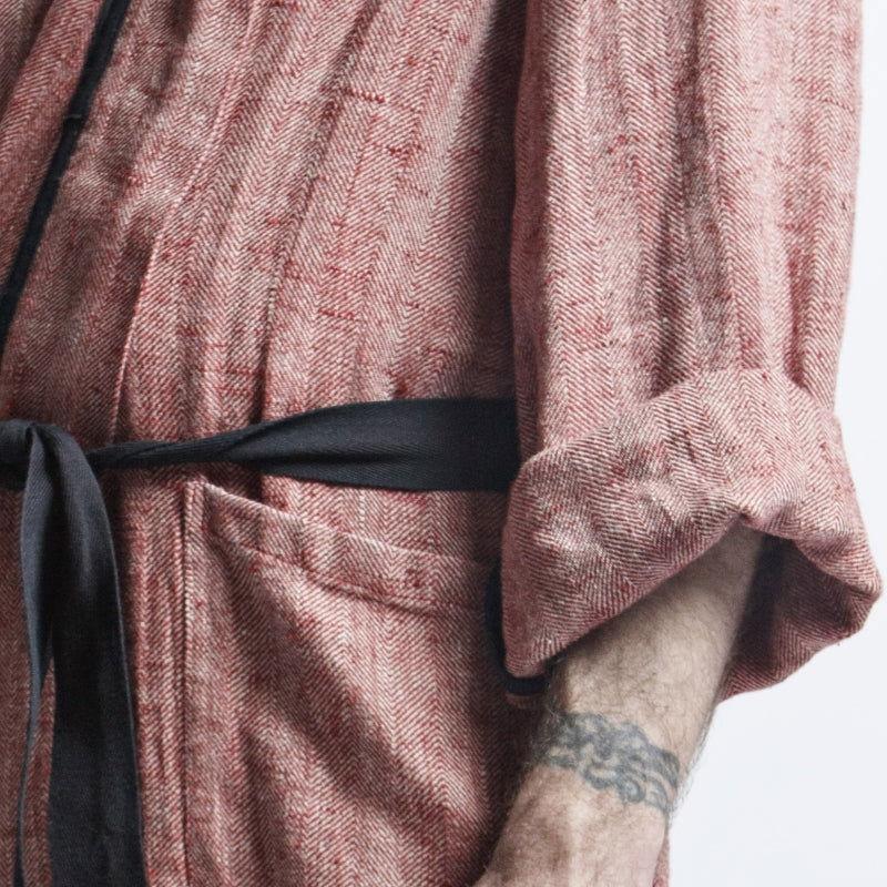 Linen Men's Bathrobe - Red Fishbone - Kotikauppa