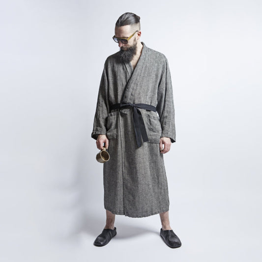 Linen bathrobe - Black Fishbone - Kotikauppa