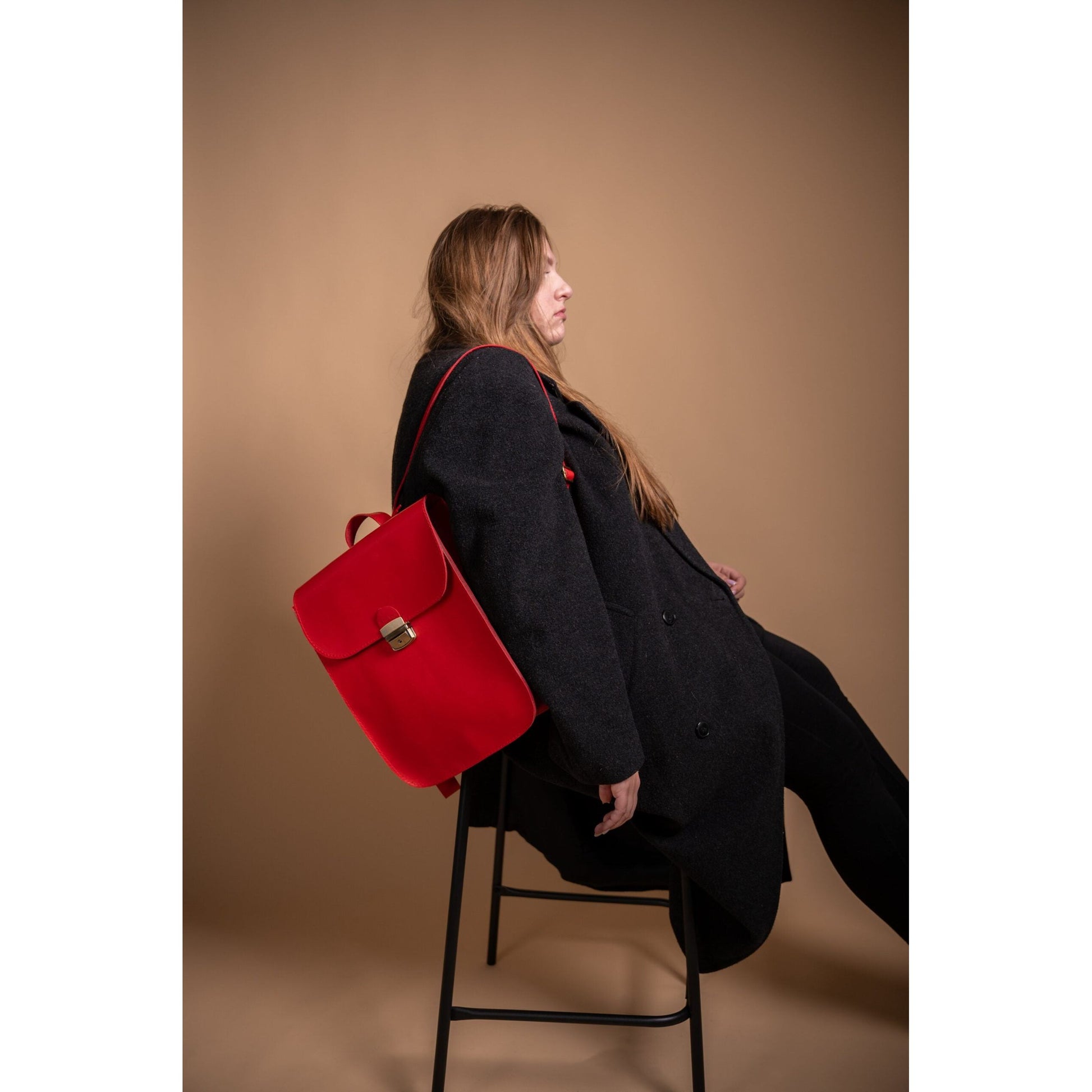 Natural Leather Saddle Backpack - Red