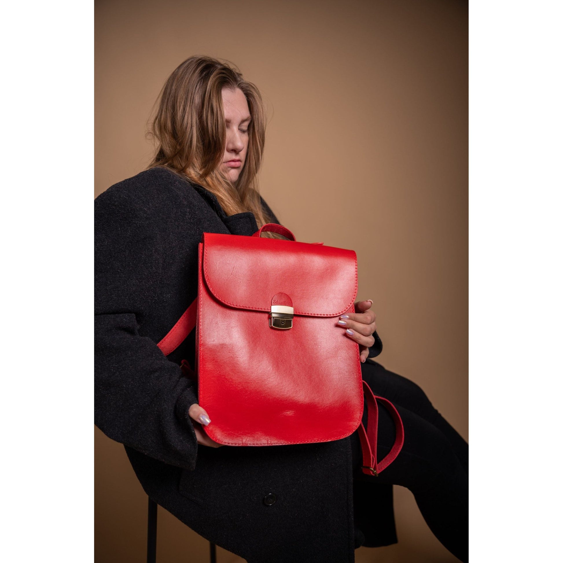 Natural Leather Saddle Backpack - Red