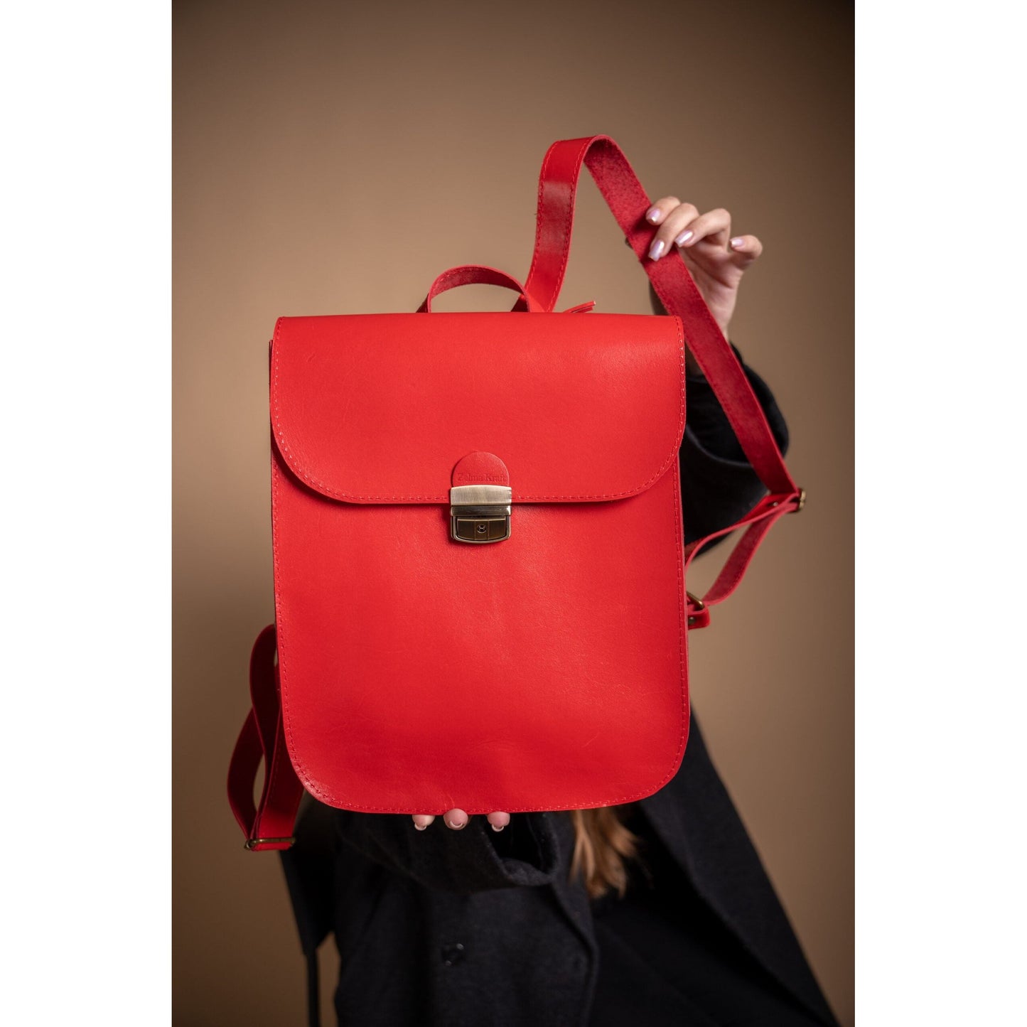 Natural Leather Saddle Backpack - Red