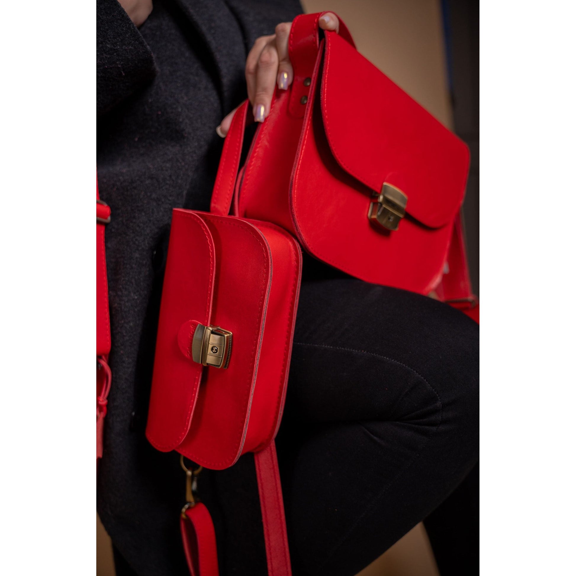 Natural Leather Saddle Bag Mini - Red