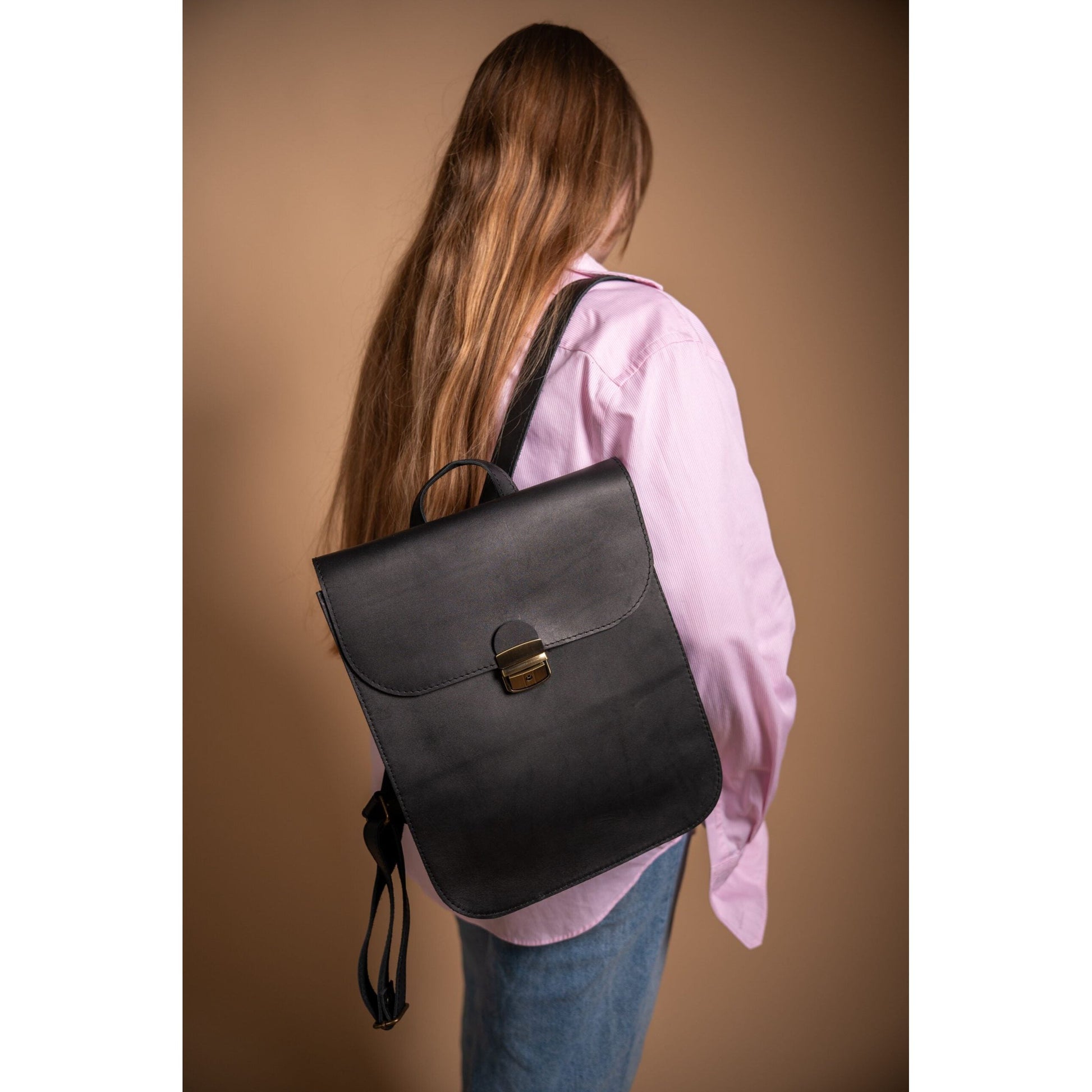 Natural Leather Saddle Backpack - Black