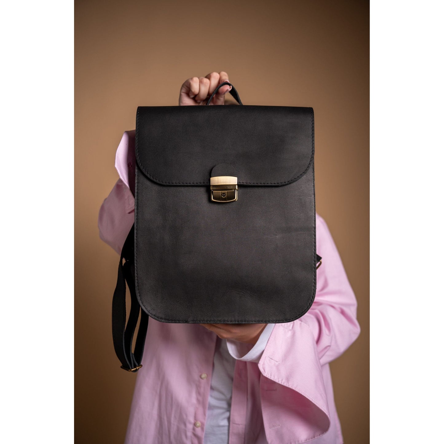 Natural Leather Saddle Backpack - Black