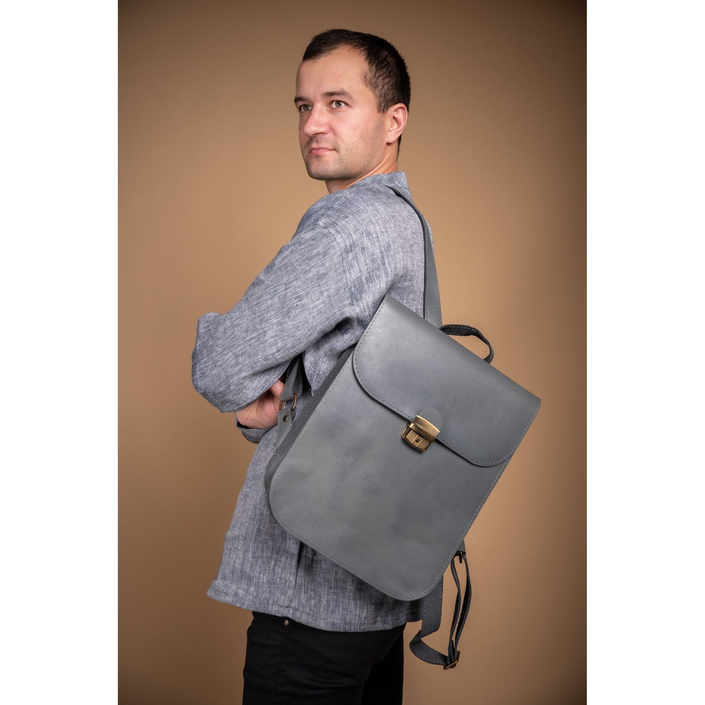 Natural Leather Saddle Backpack - Grey