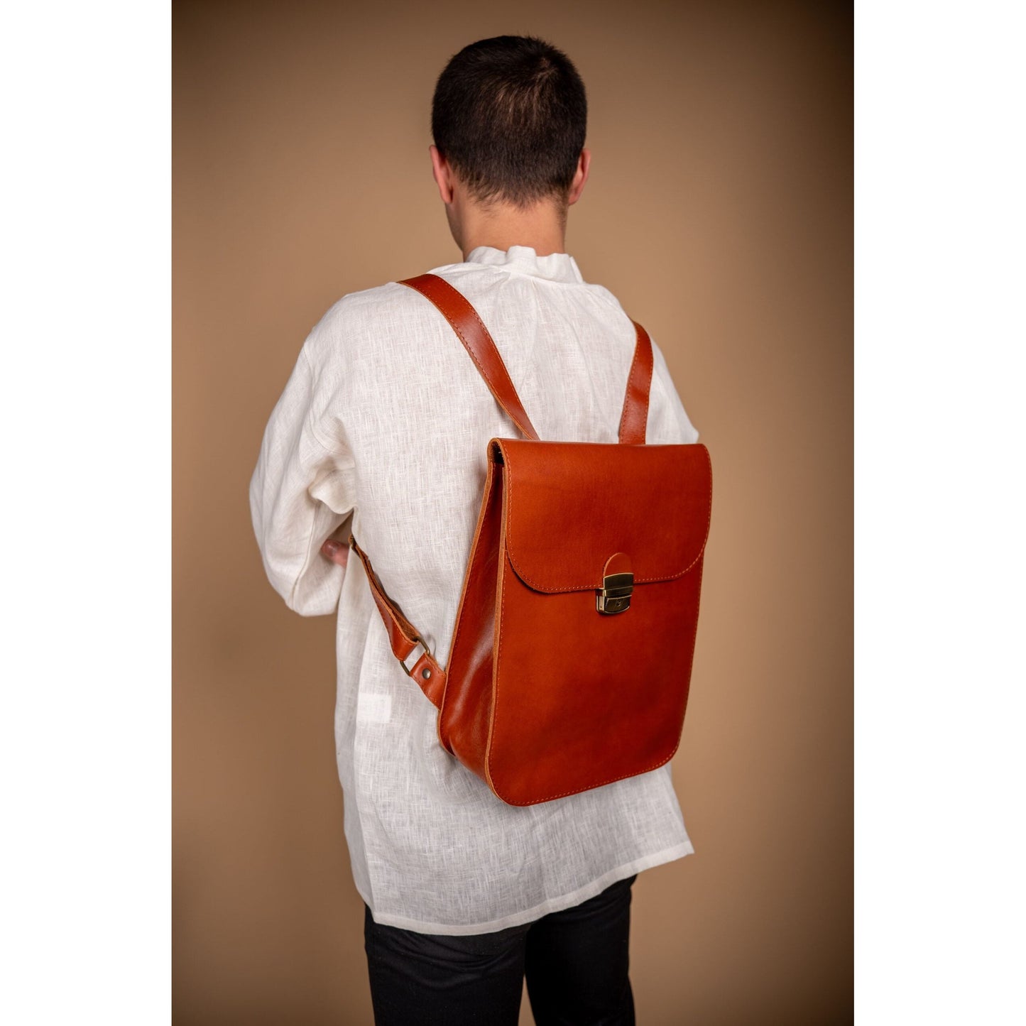 Natural Leather Saddle Backpack - Light Brown