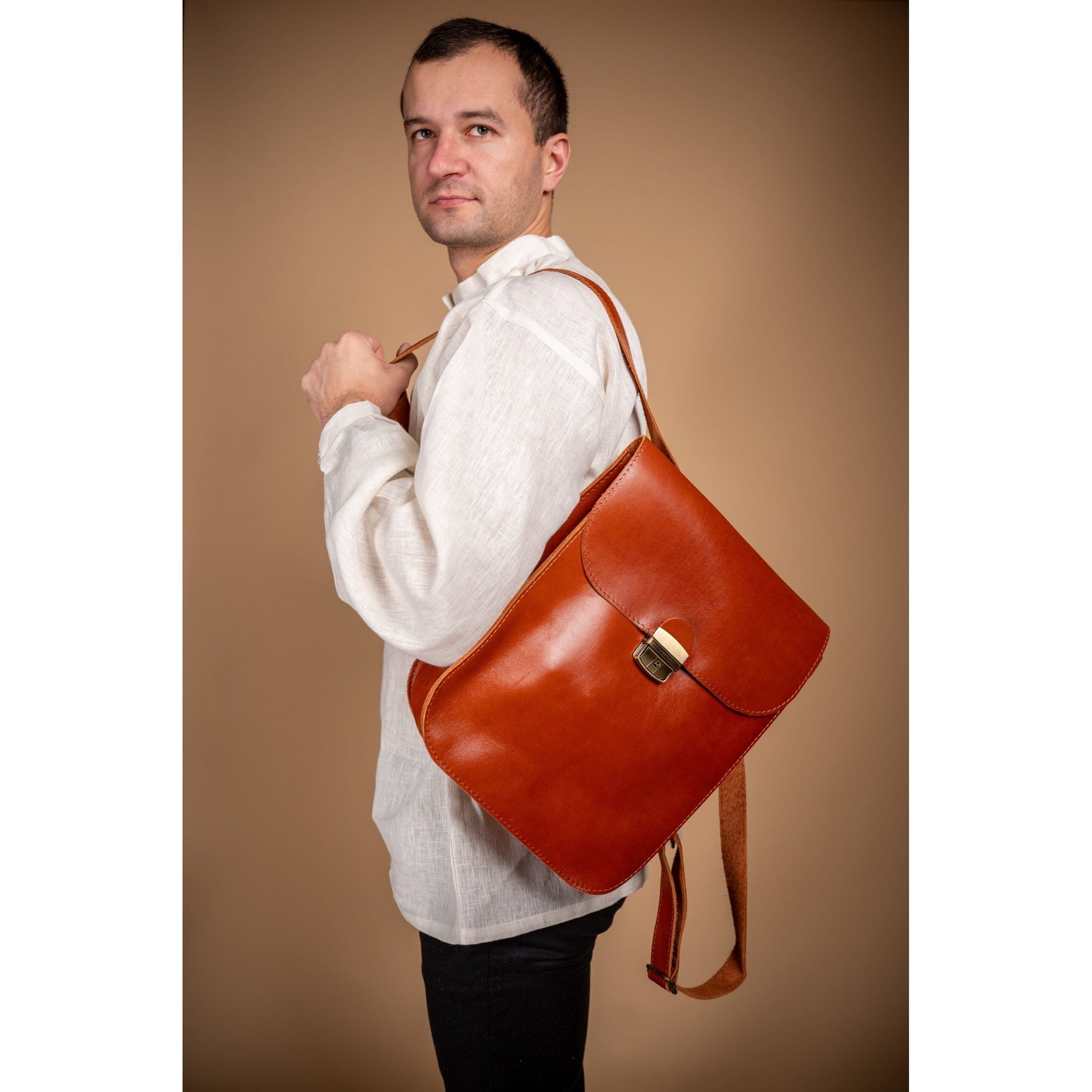 Natural Leather Saddle Backpack - Light Brown