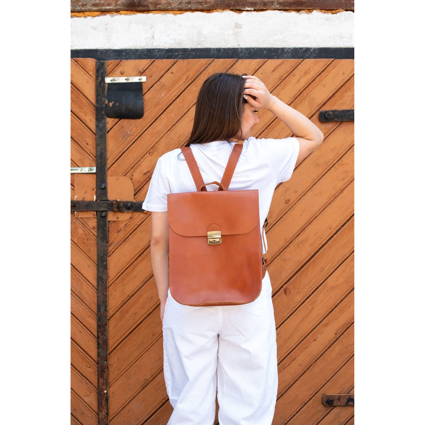 Natural Leather Saddle Backpack - Light Brown